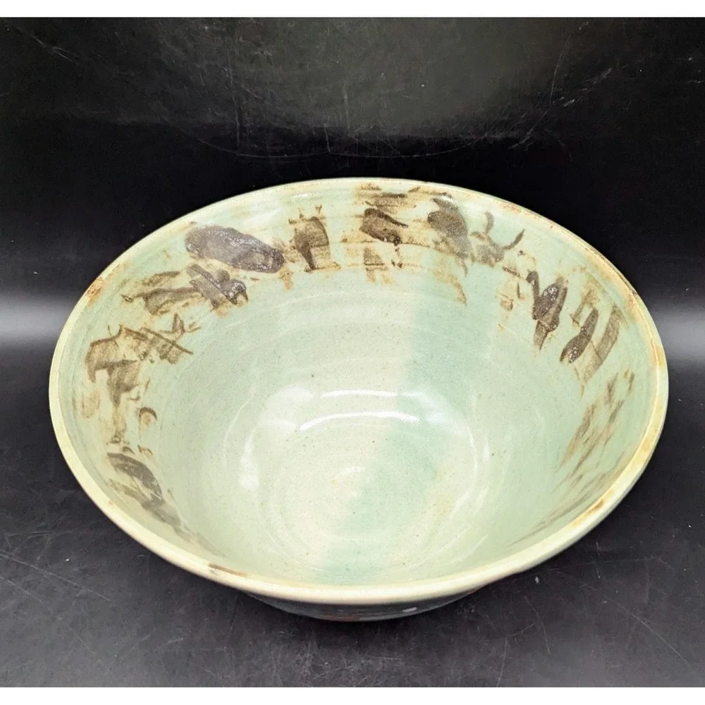 Vintage Studio Art Pottery Green Glaze Ceramic Console Fruit Bowl Signed 9.5